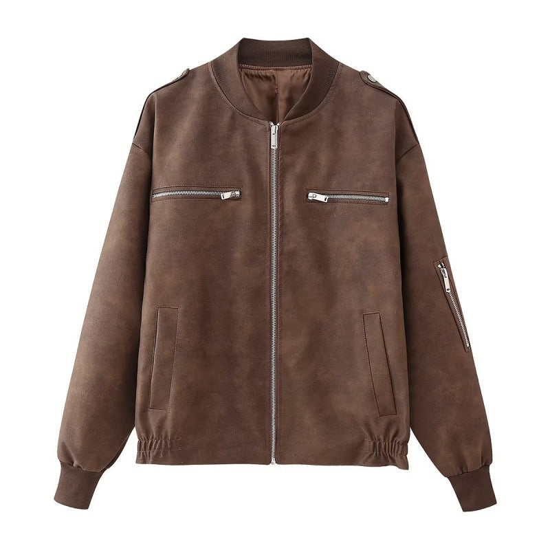 European And American Street Fashion Casual Artificial Leather Jacket Coat - Brown / XS