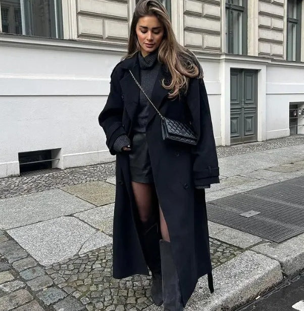 Loose Double Buckle Lapel Long Overcoat Outerwear - Black Coat / S