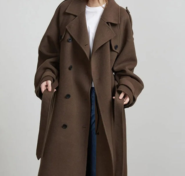 Loose Double Buckle Lapel Long Overcoat Outerwear - Brown Coat / S