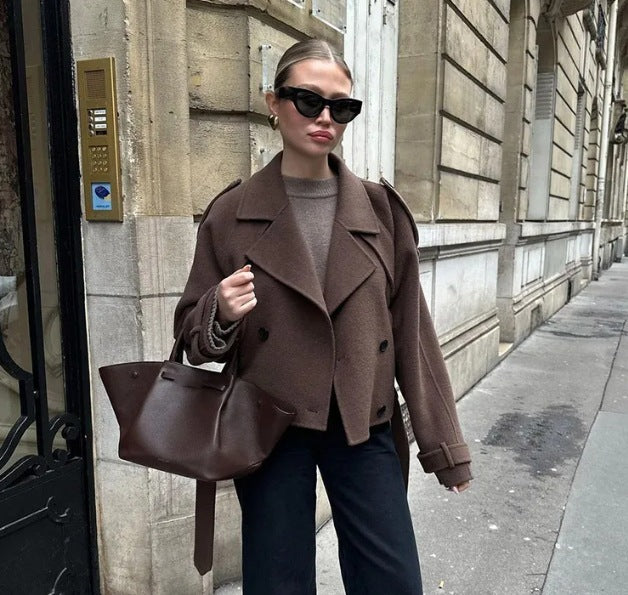 Loose Double Buckle Lapel Long Overcoat Outerwear - Brown Cropped Top / S