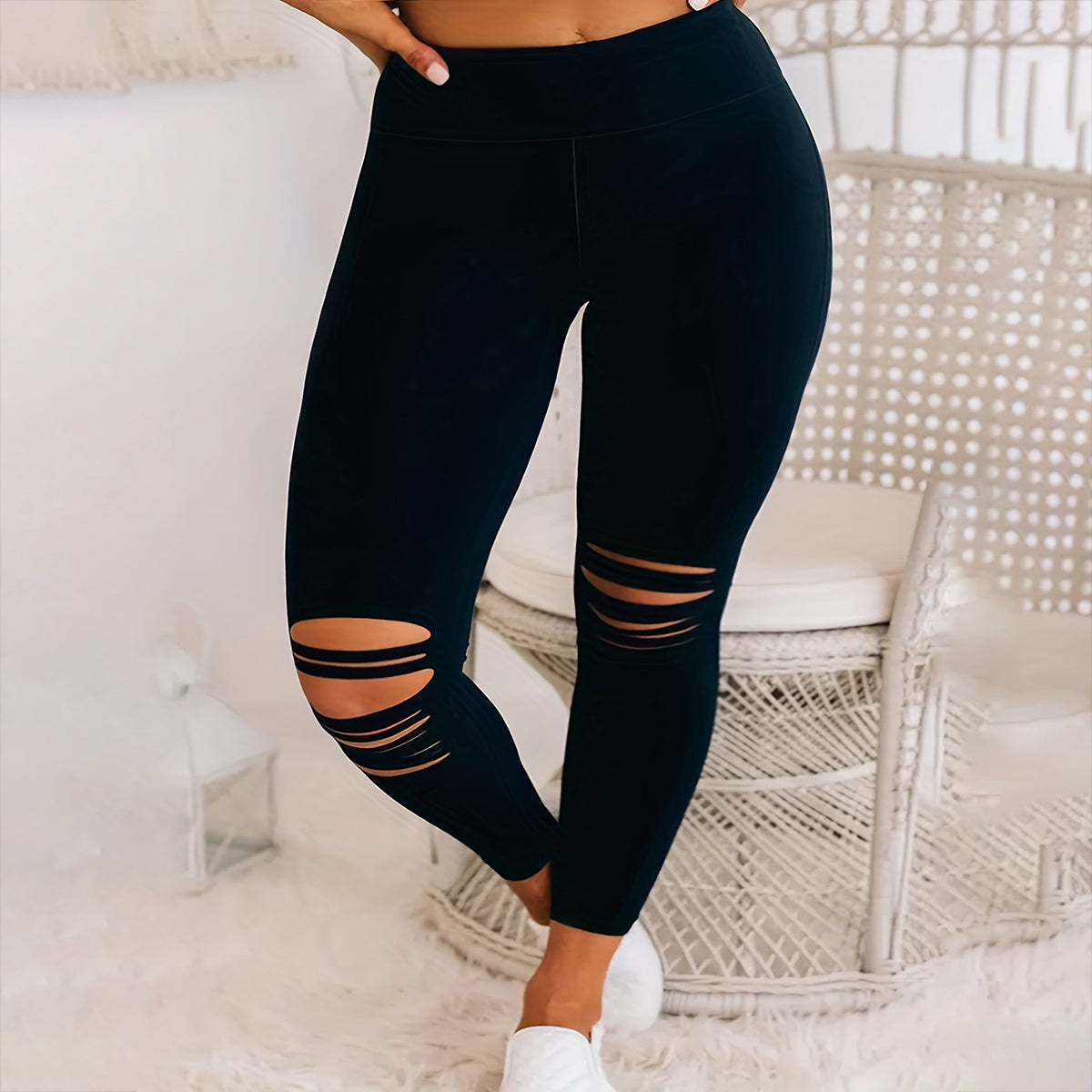 Plus Size Burnt Flower Solid Color Bottom Women’s Pants - 5