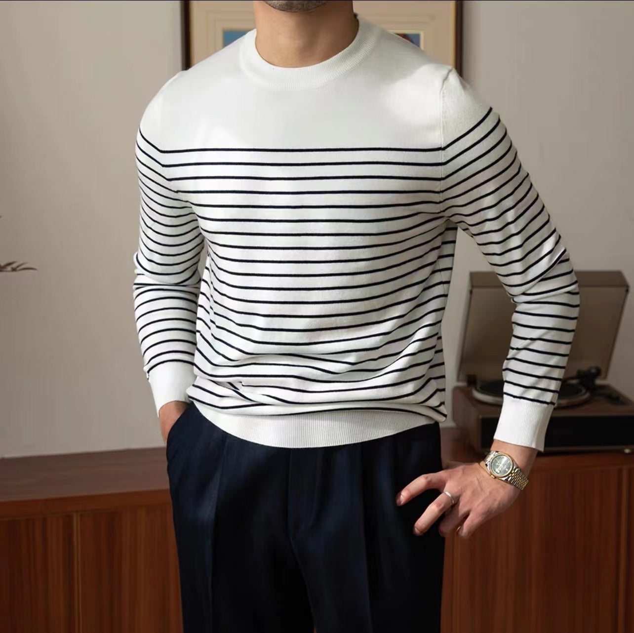 Business Commute Striped Design Contrast Color Long Sleeves Knitwear - White / M