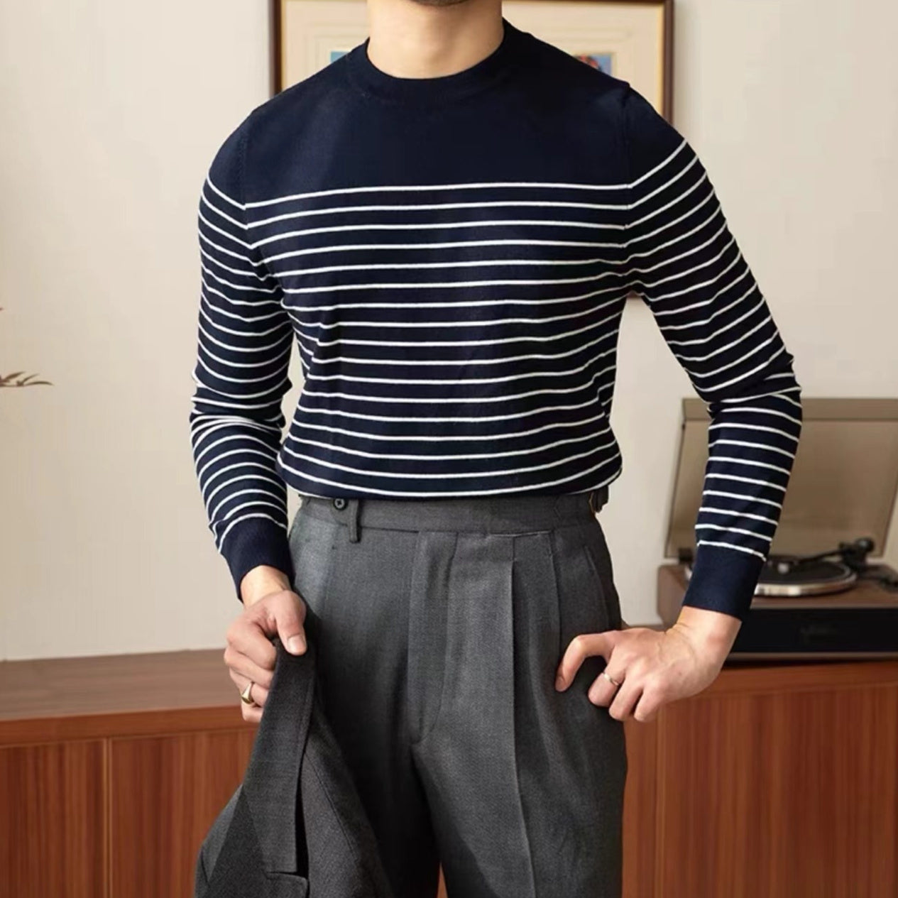 Business Commute Striped Design Contrast Color Long Sleeves Knitwear - Navy Blue / M