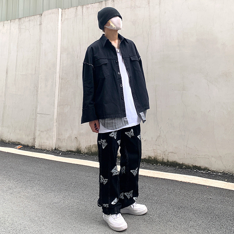 Niche Personality Butterfly Reflective Printing Stitching Tassel Harajuku Hip-Hop Street Straight Jeans Dark Ins Tide