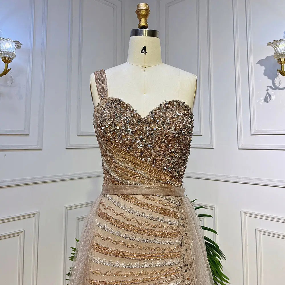 Blue Handmade Beaded Split Shoulder Fishtail Dress