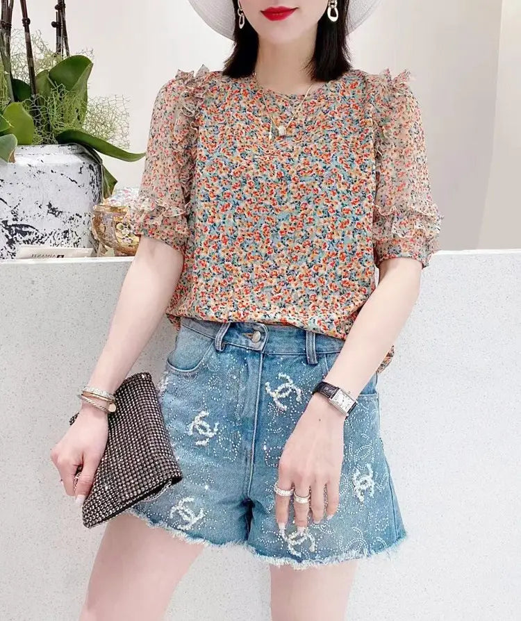 Summer New Pleated Loose Floral Blouse Top