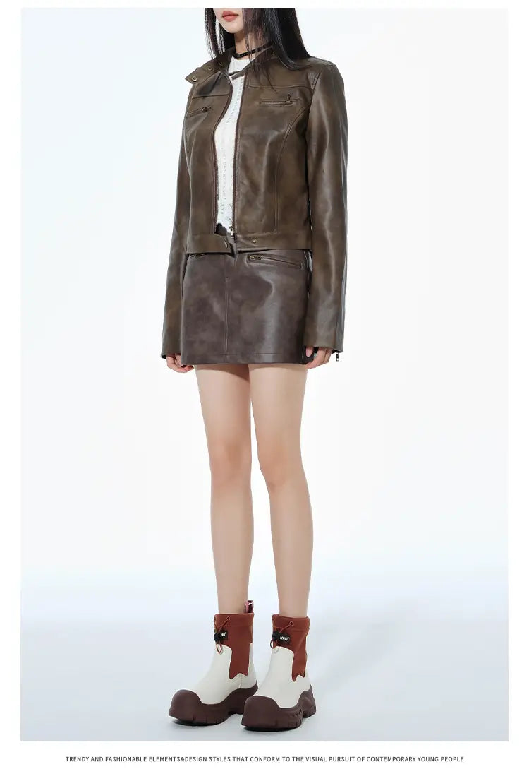 Short Leather Jacket Slim Brown Jacket Motorcycle Jacket