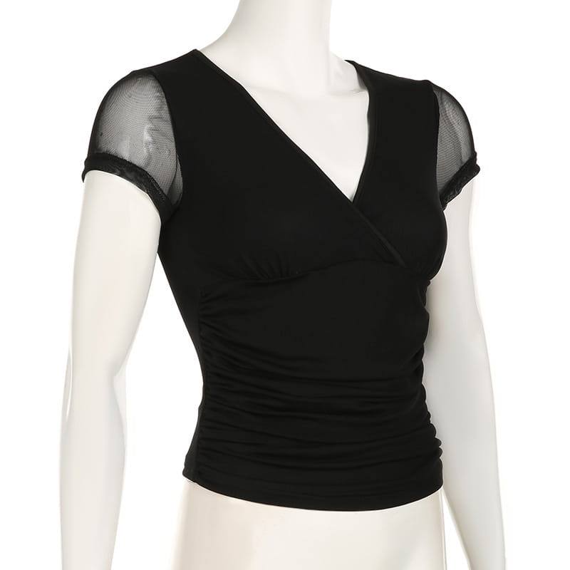 Deep V Design Small Pleated Pure Color Mesh Stitching Short Sleeve