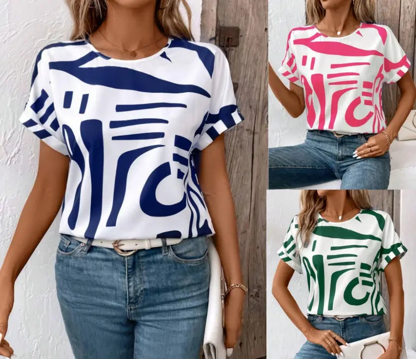 Batwing Sleeve Round Neck Geometric Printed Shirt For Women