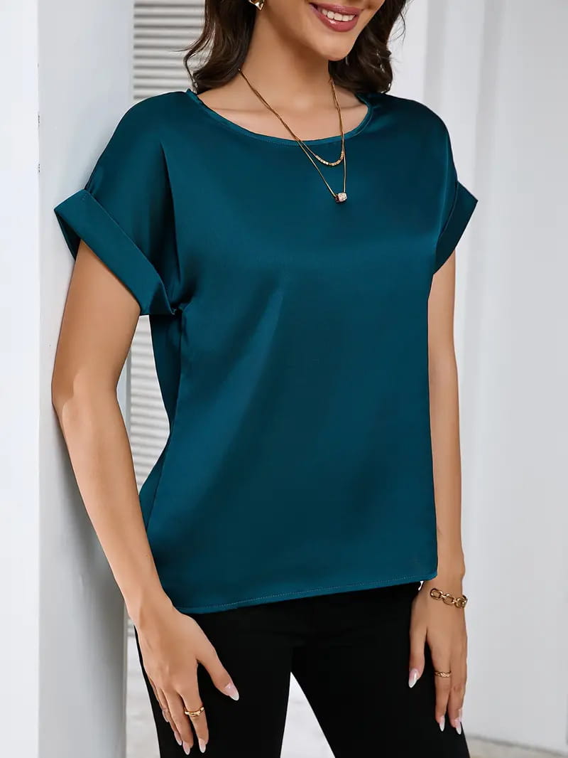 Round Neck Solid Color Smooth Surface Short Sleeve Loose