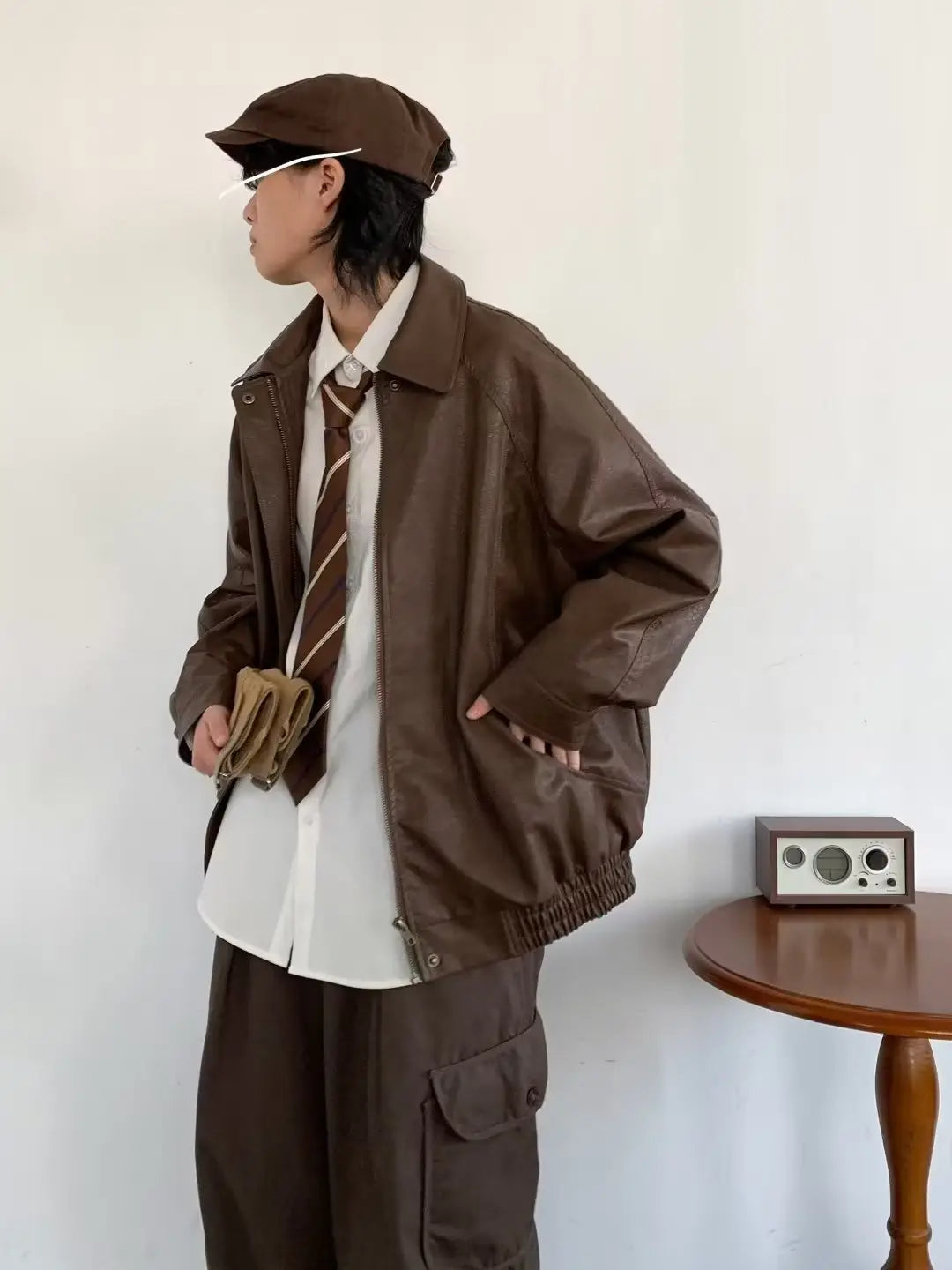 Japanese-style Retro Distressed Lapel Pu Jacket