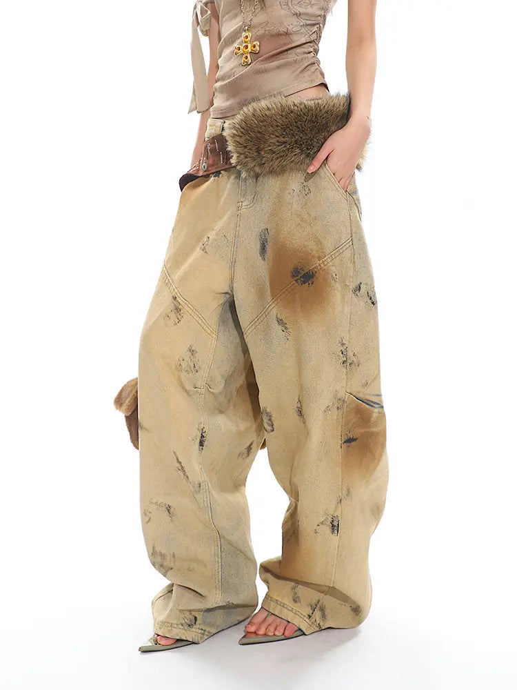 Washed Old Blooming Retro Machete Profile Loose Jeans