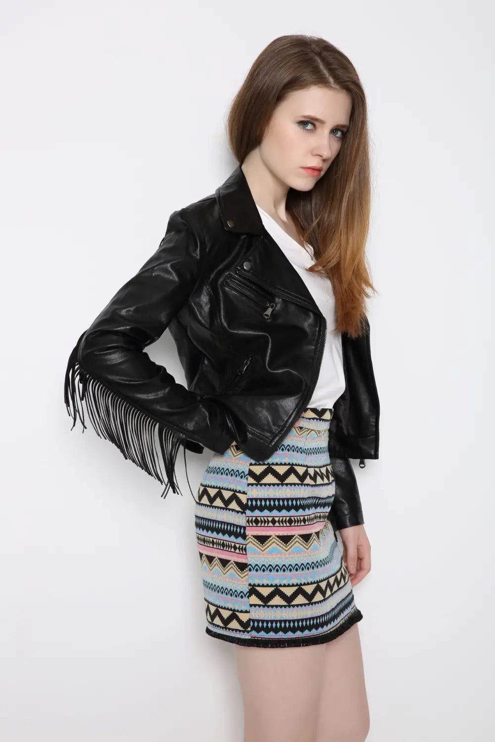 European And American Tassel Oblique Zipper Leather Women’s Slim Coat Motorcycle Street