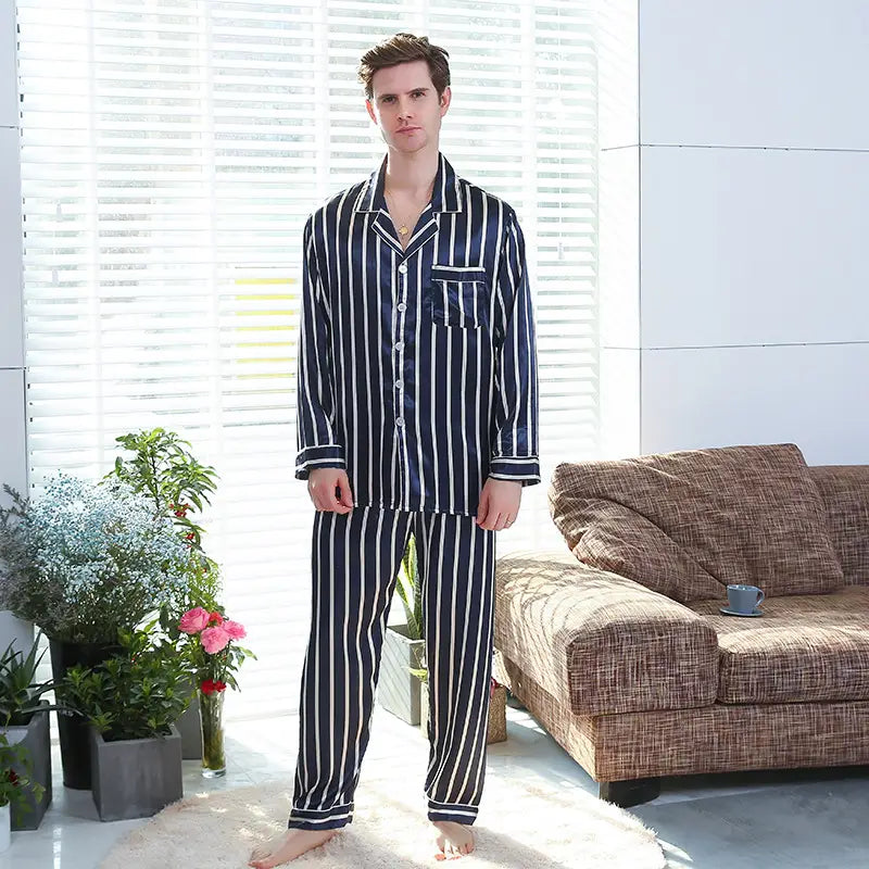 Fall men’s simulated silk stripe pajamas men