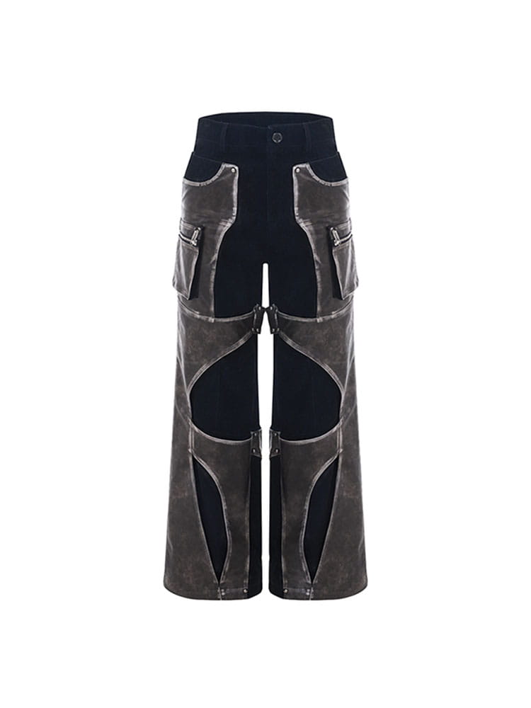 Niche Structure Design Leather Patchwork Casual Straight Pants