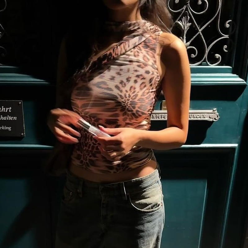 Leopard Print Crossbody Sleeveless Ribbon Short Tight Vest