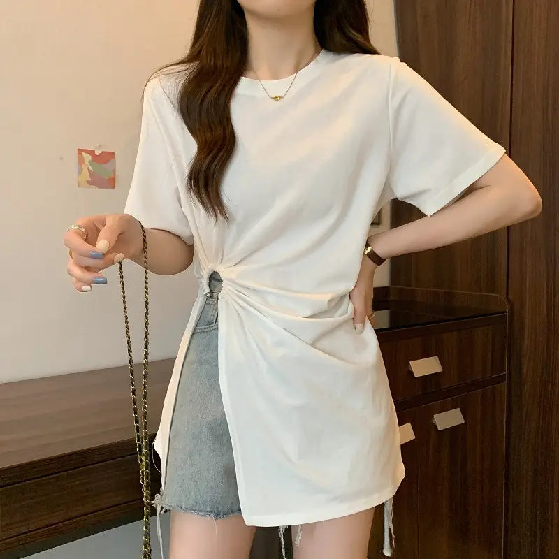 Cotton Irregular Split Short-sleeved T-shirt Women’s Summer