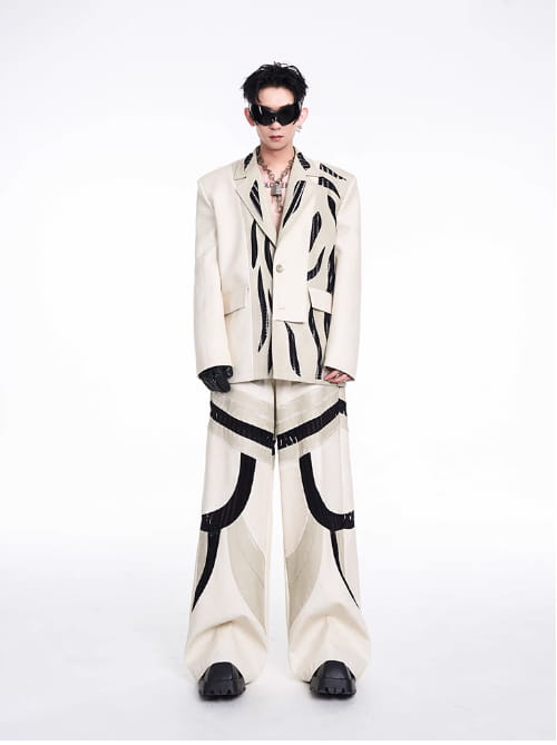 Patchwork Hollow-out Knitmesh PU Autumn And Winter Heavy Casual Pants
