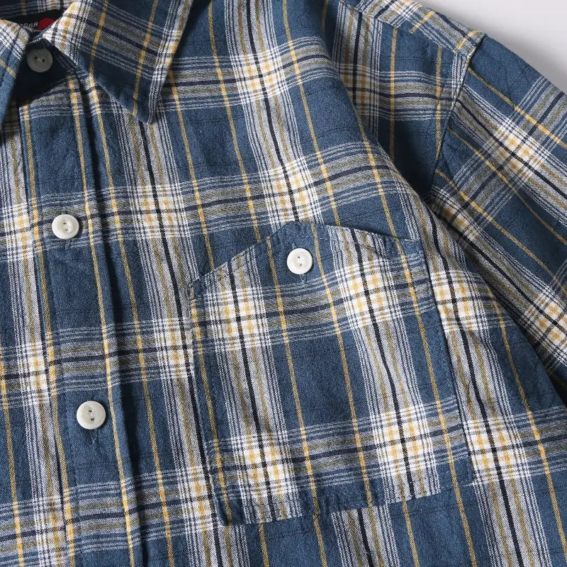 Summer New Japanese-style Retro Washed Yarn-dyed Plaid Short-sleeved Shirt
