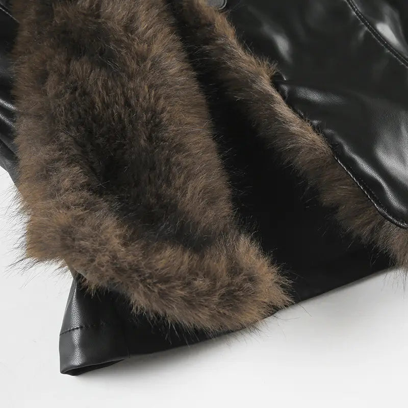 American Street Loose Fur Collar Leather Coat