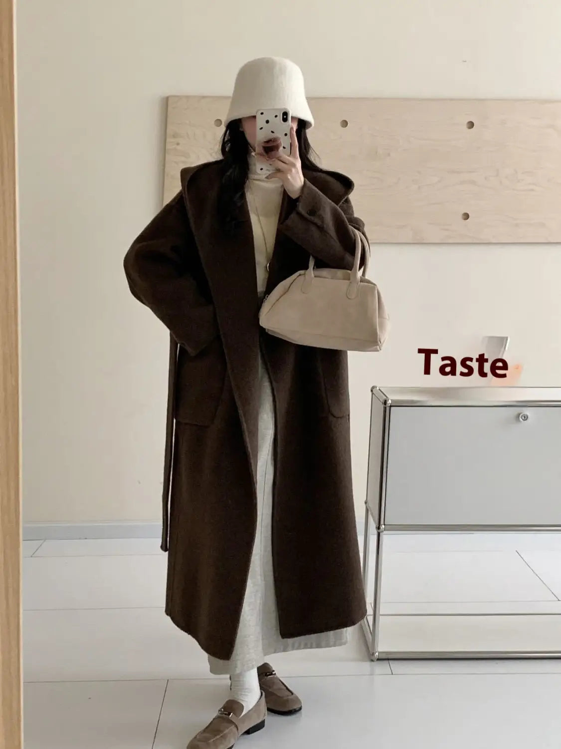 Solid Color Hooded Double-sided Wool Overcoat Women