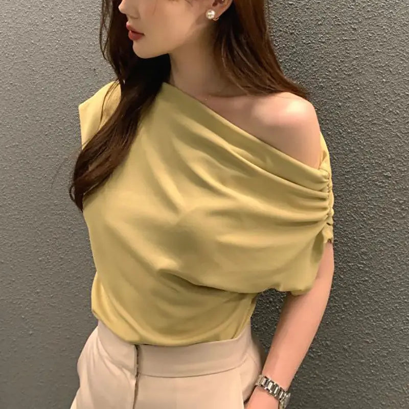 Irregular Shoulder Design Loose Solid Color Pullover Short Sleeve T-shirt