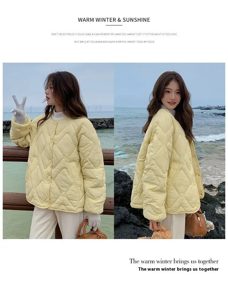 Korean Style Down Cotton Jacket Women’s Short Light Round Neck