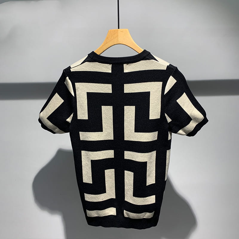 Men’s New Fashion Versatile Geometric Jacquard Sweater Half Sleeve Round Neck