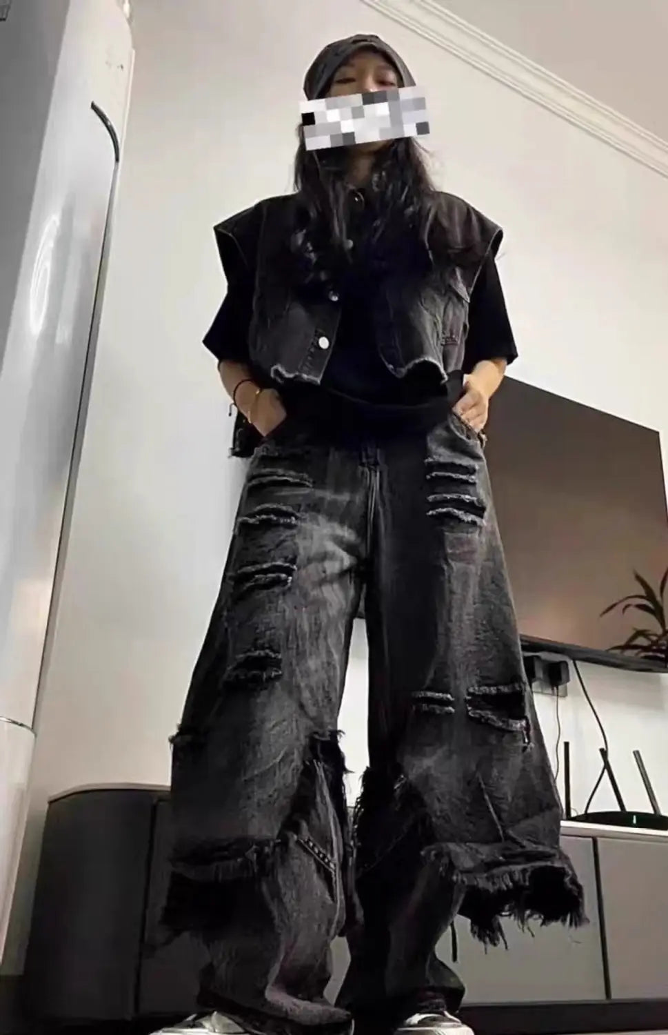 High Street Distressed Cargo Jeans Wide Leg Trousers