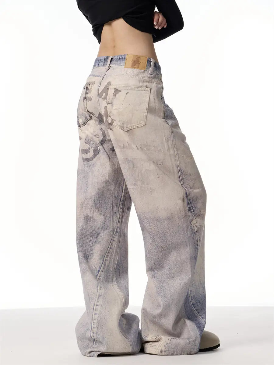 3D Printing Gradient Letter Printed Jeans Long Pants