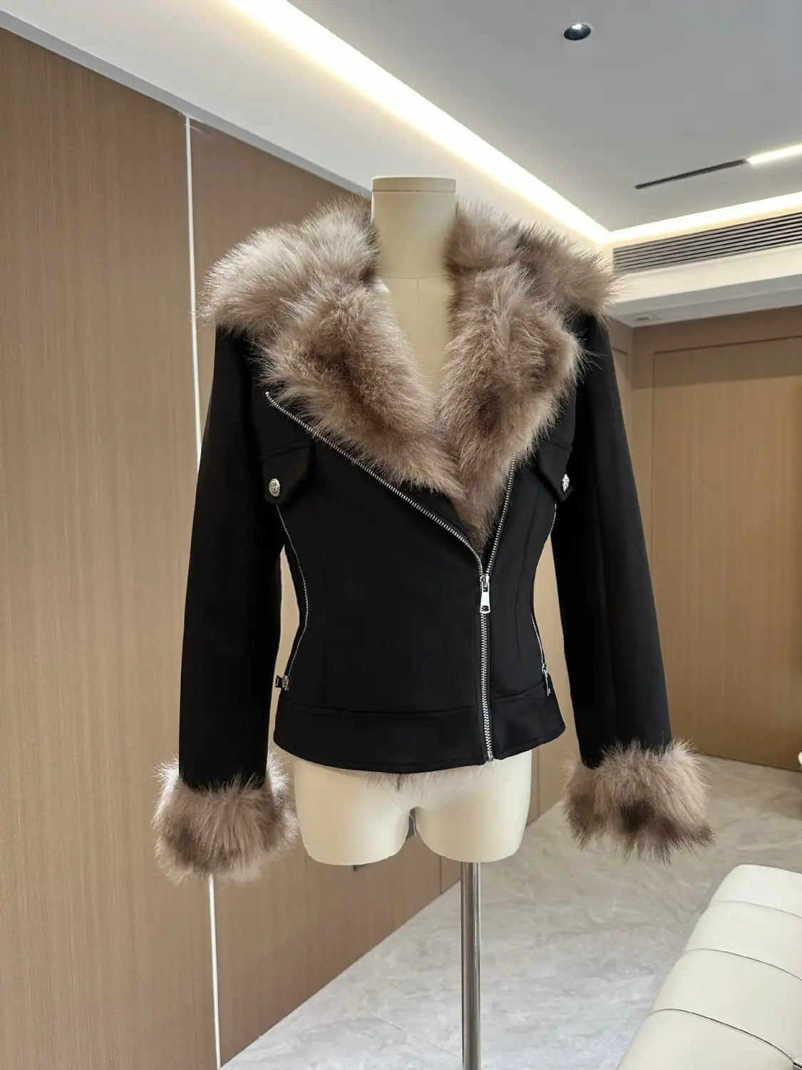Winter Black Fur Motorcycle Warm Jacket
