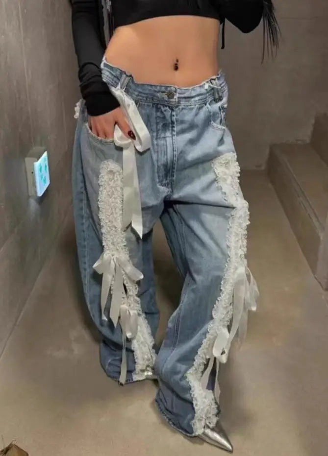 Women’s American-style Retro Lace Lace-up Stitching Jeans