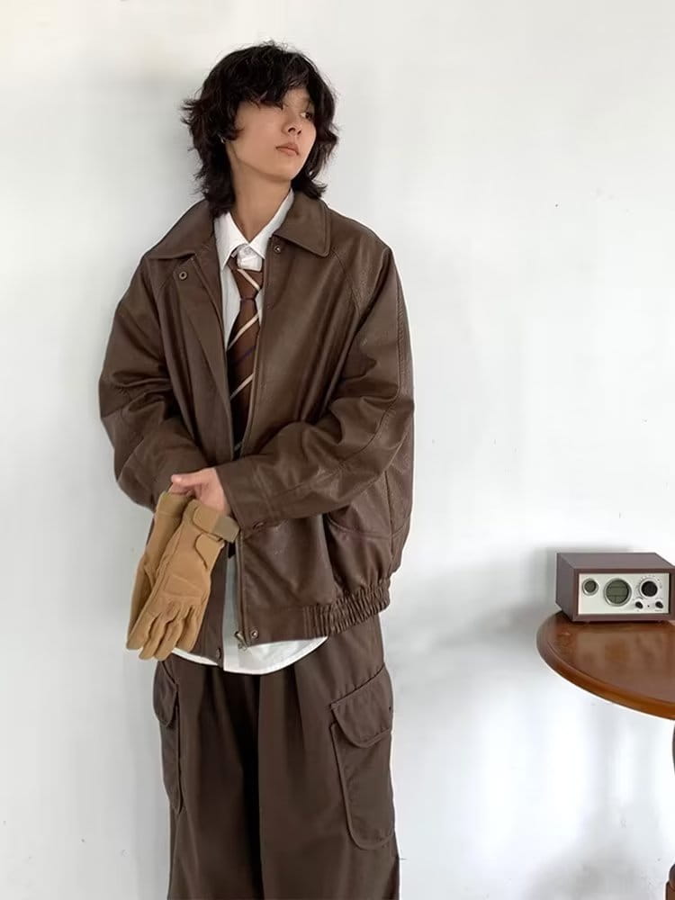 Japanese-style Retro Distressed Lapel Pu Jacket