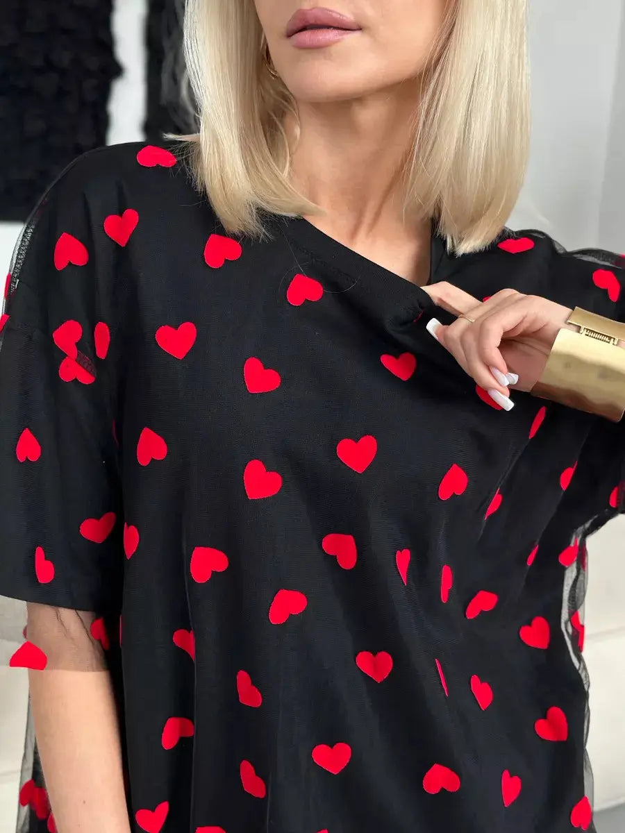European And American Style Women’s Love Mesh Stitching Loose Basic Style Round Neck Short Sleeve T-shirt