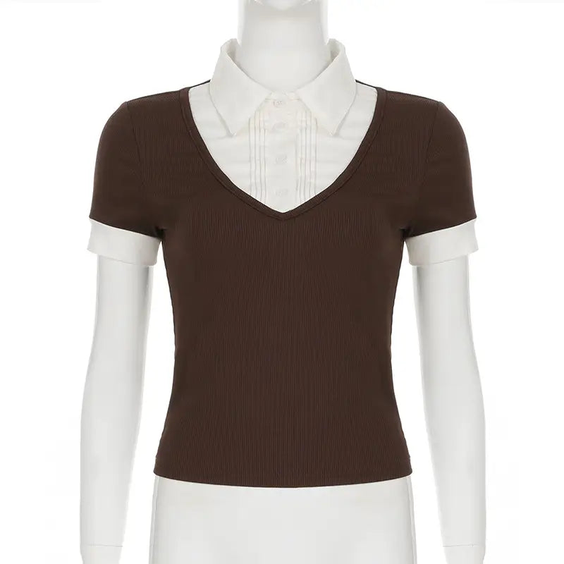American Retro Polo Collar Stitching Fake Two Pieces Short Sleeve T-shirt For Women