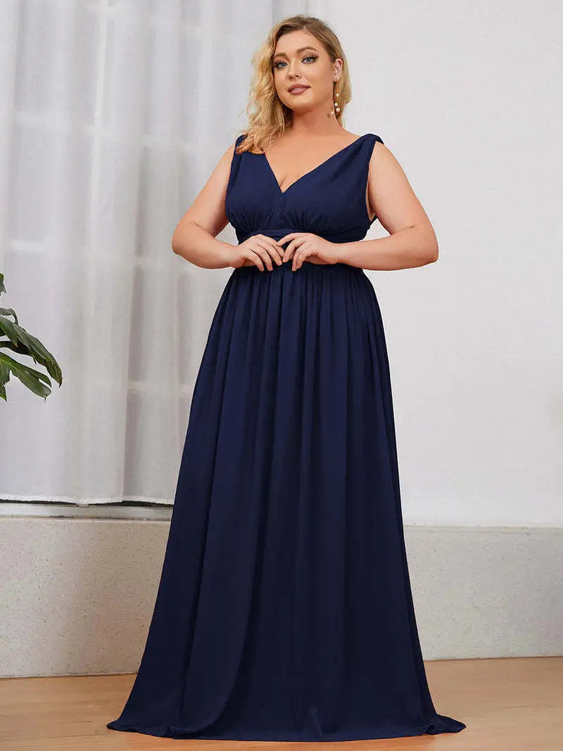 Deep V-neck Bridesmaid Plus Size High Waist Evening Dress