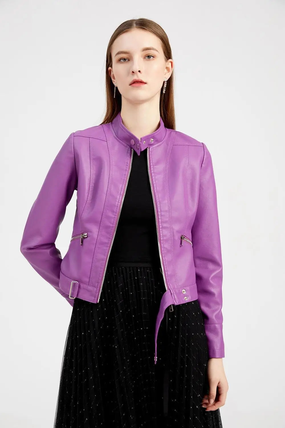 Women’s Short Leather Jacket Stand Collar Jacket Thin