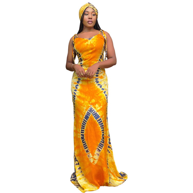 Women’s Fashionable Printed Suspenders Slim Fit Long Dress Long Dress Scarf