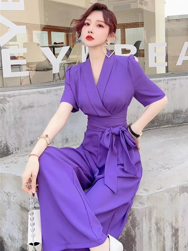Elegant Temperament Pure Color High Waist Slimming Lace-up Wide Leg Jumpsuit