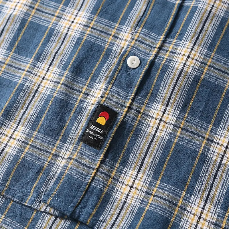 Summer New Japanese-style Retro Washed Yarn-dyed Plaid Short-sleeved Shirt