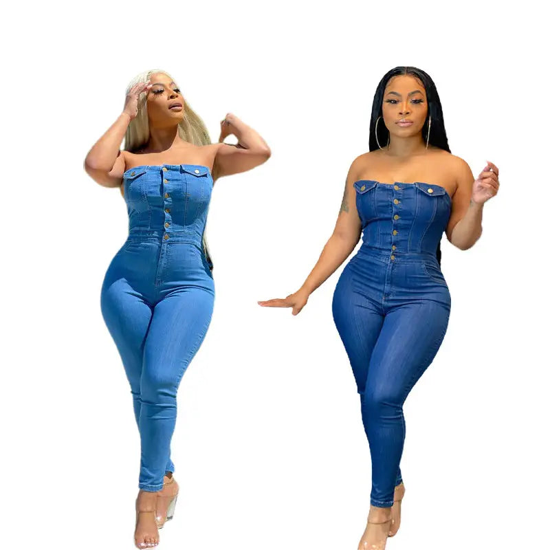 Tube Top Off-shoulder Slim Fit Denim Jumpsuit