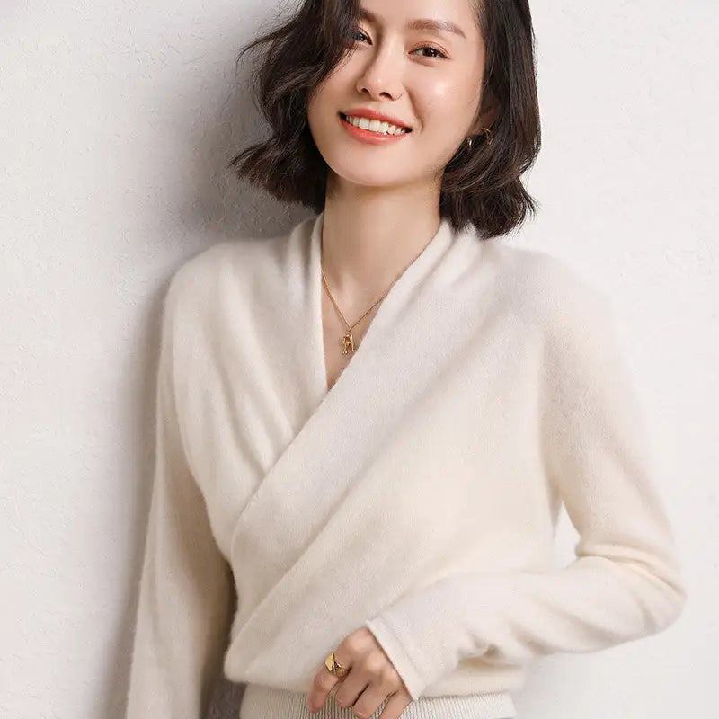 French Cross V-neck Cashmere Sweater Women Loose-fitting Outside