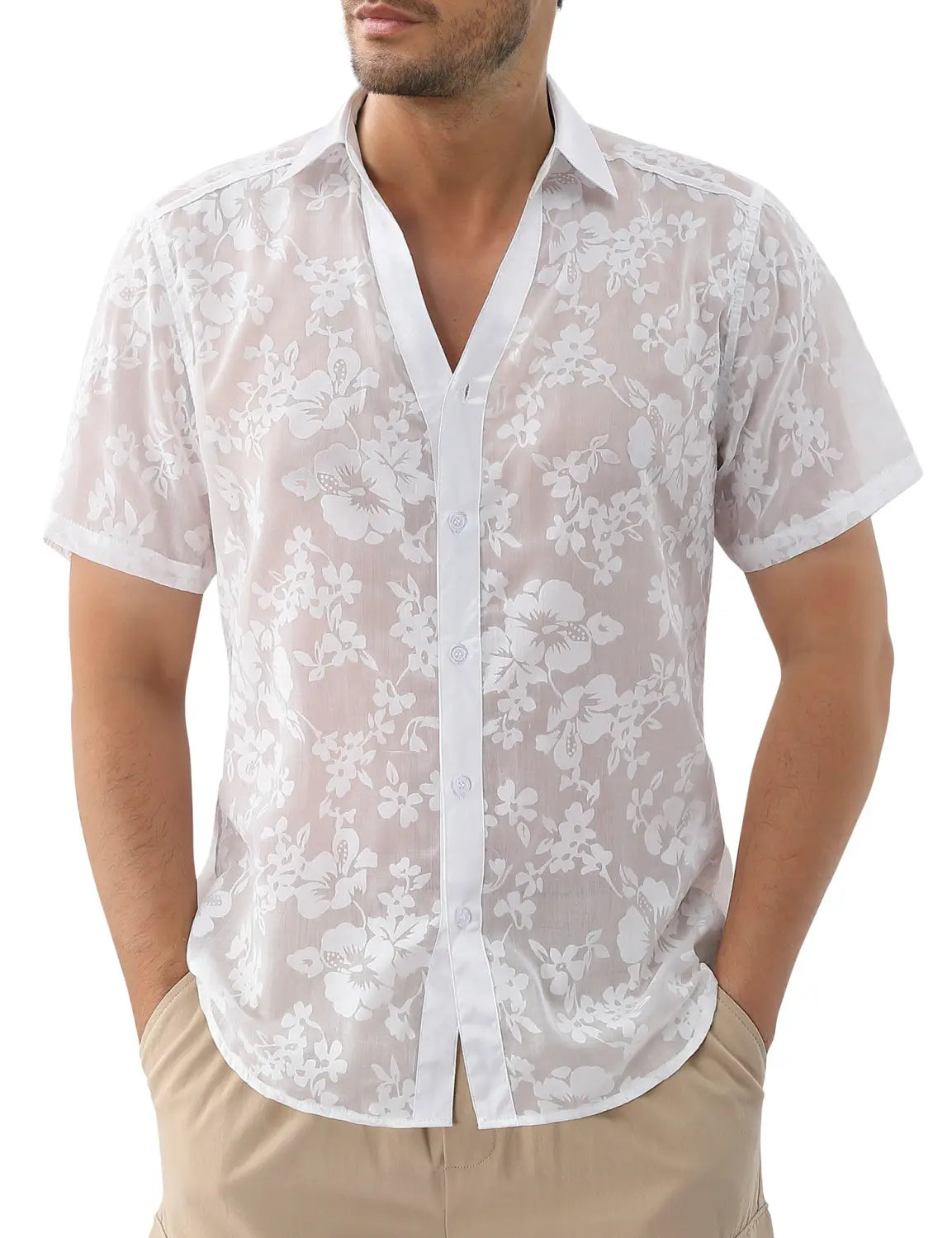 Hawaiian Jacquard Shirt Transparent Cutout Short Sleeve Thin Holiday Beach Shirt