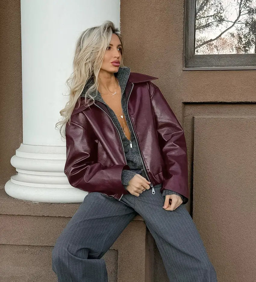 Retro Biker’s Style Wine Red European And American Handsome Matte Leather Jacket Coat