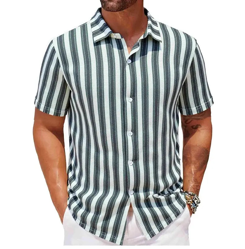Men’s Beach Casual Yarn-dyed Striped Short-sleeved Lapel Shirt A0407