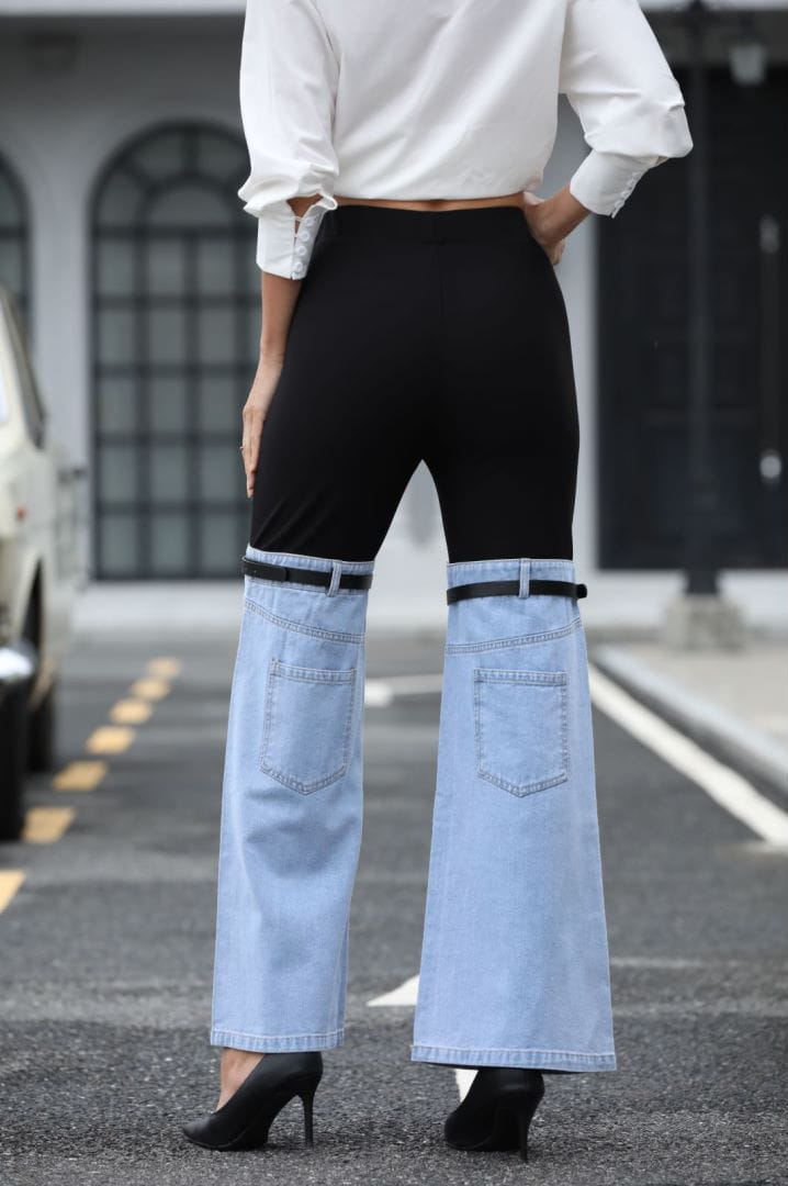 Fashion Slim Knit Denim Stitching Elastic Waist