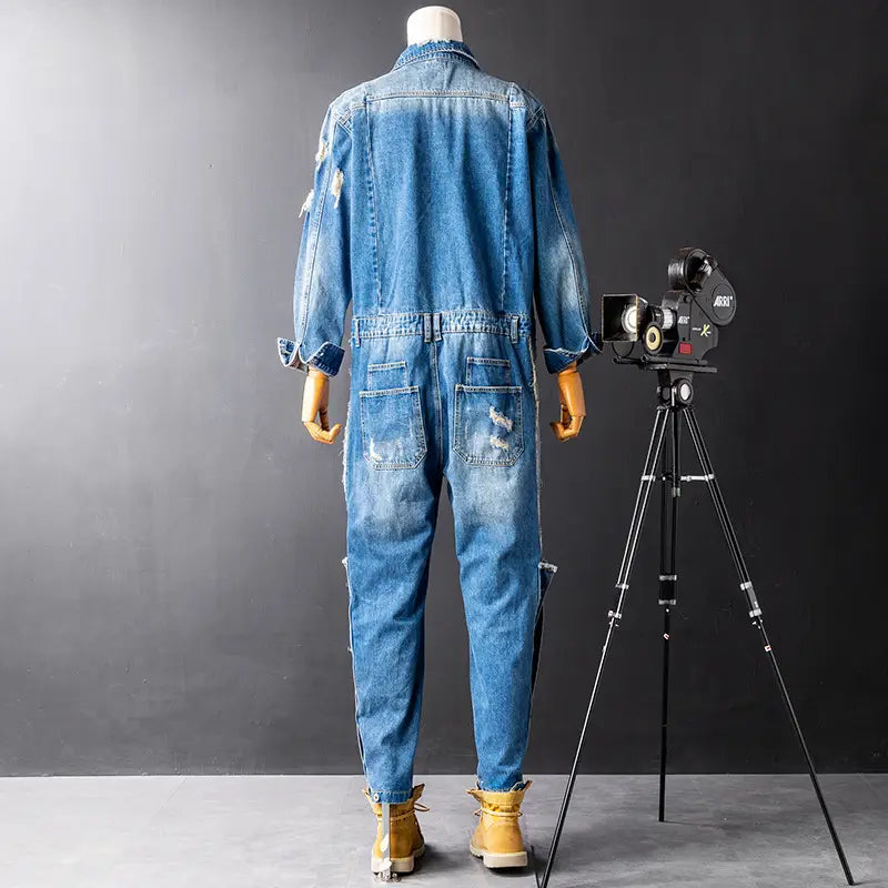 Men’s Denim Hip Hop Ripped Wash Cargo Jumpsuit