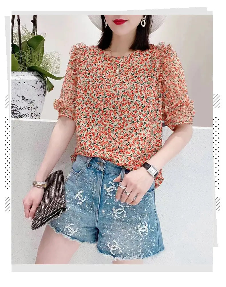 Summer New Pleated Loose Floral Blouse Top