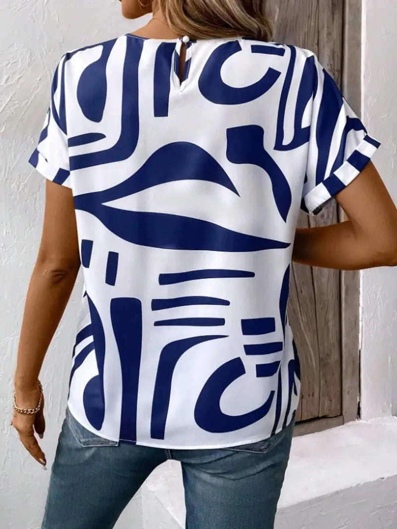 Batwing Sleeve Round Neck Geometric Printed Shirt For Women