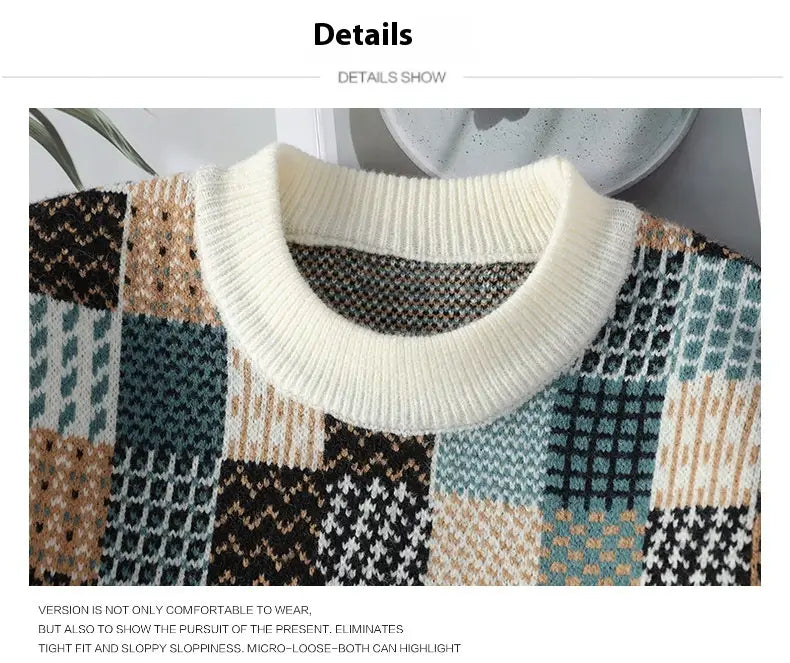 Men’s Simple Casual Plaid Printed Thick Warm Sweater